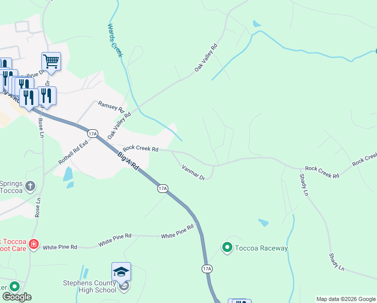 map of restaurants, bars, coffee shops, grocery stores, and more near 337 Rock Creek Road in Toccoa
