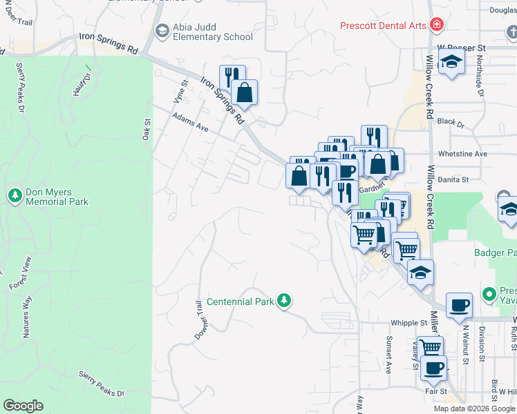 map of restaurants, bars, coffee shops, grocery stores, and more near 1328 Rockwood Drive in Prescott