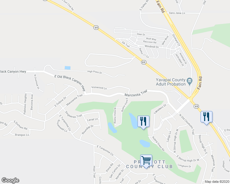 map of restaurants, bars, coffee shops, grocery stores, and more near 11194 Manzanita Trail in Yavapai County