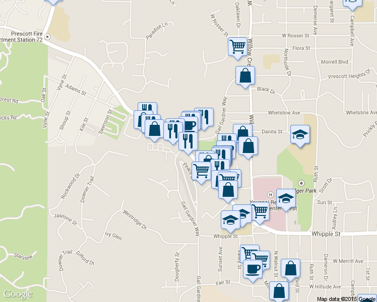 map of restaurants, bars, coffee shops, grocery stores, and more near 1316 Iron Springs Rd in Prescott