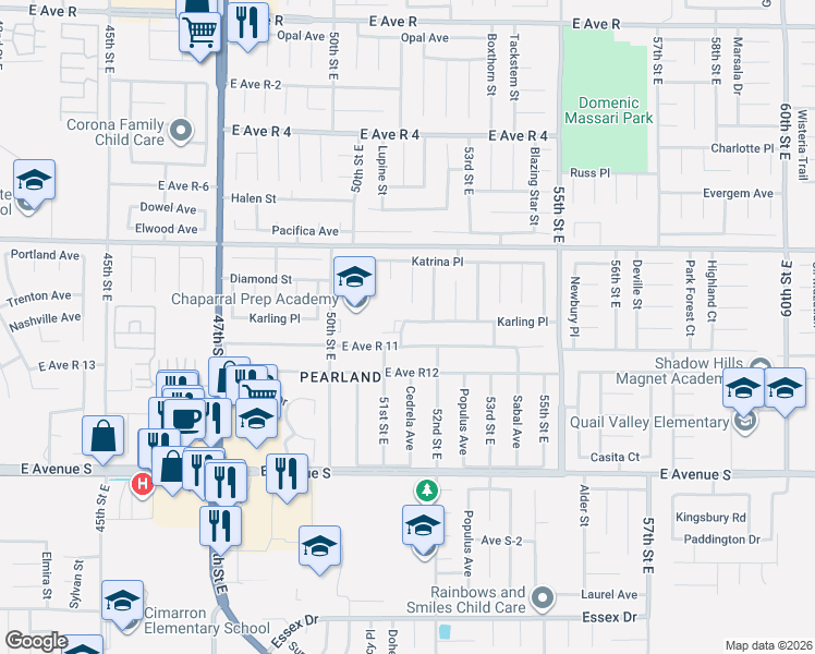 map of restaurants, bars, coffee shops, grocery stores, and more near 5126 Karling Place in Palmdale