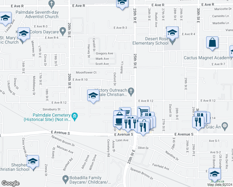 map of restaurants, bars, coffee shops, grocery stores, and more near 37430 Oxford Drive in Palmdale