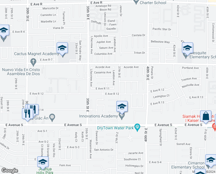 map of restaurants, bars, coffee shops, grocery stores, and more near 3619 East Avenue R11 in Palmdale