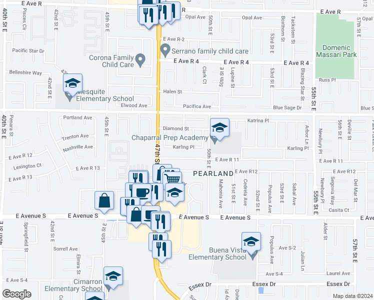 map of restaurants, bars, coffee shops, grocery stores, and more near 4808 Karling Place in Palmdale