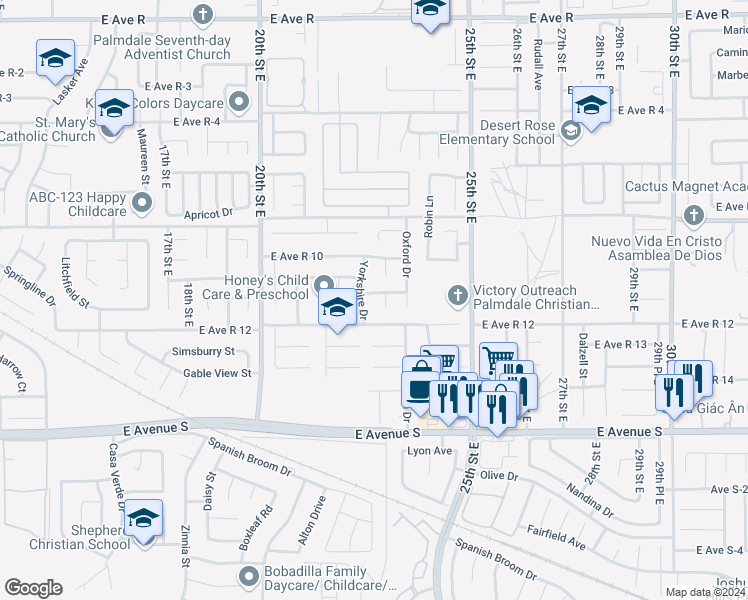 map of restaurants, bars, coffee shops, grocery stores, and more near 2228 Dartmouth Lane in Palmdale