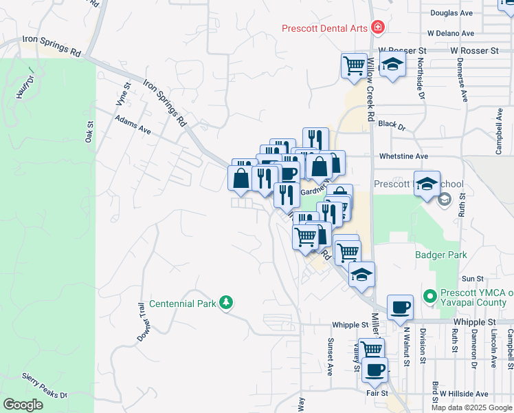 map of restaurants, bars, coffee shops, grocery stores, and more near 1113 Virgil Street in Prescott
