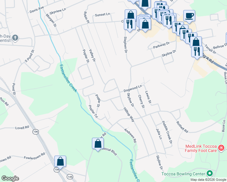 map of restaurants, bars, coffee shops, grocery stores, and more near 38 Furman Street in Toccoa