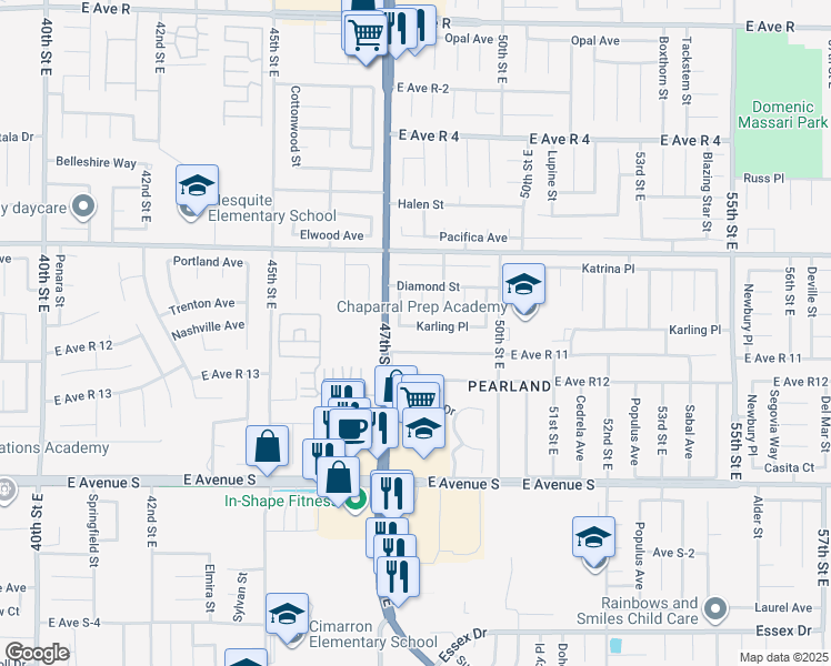 map of restaurants, bars, coffee shops, grocery stores, and more near 4716 Karling Place in Palmdale