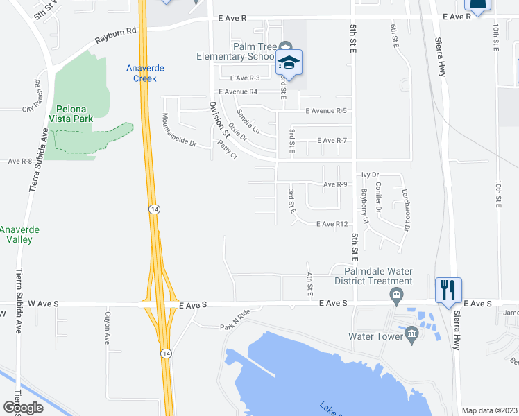map of restaurants, bars, coffee shops, grocery stores, and more near 213 Telega Place in Palmdale
