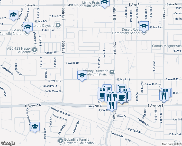 map of restaurants, bars, coffee shops, grocery stores, and more near 2228 Dartmouth Lane in Palmdale