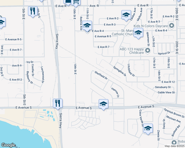 map of restaurants, bars, coffee shops, grocery stores, and more near 37432 Whitehall Lane in Palmdale
