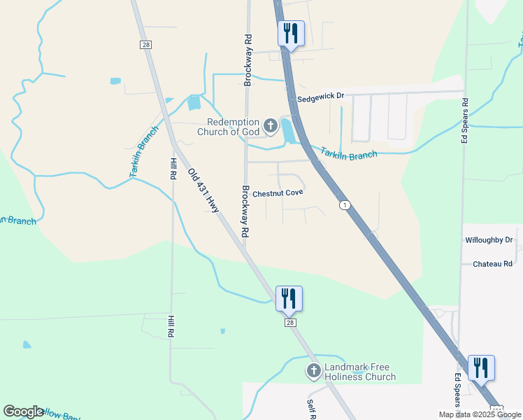 map of restaurants, bars, coffee shops, grocery stores, and more near 104 Hunter Way in Owens Cross Roads