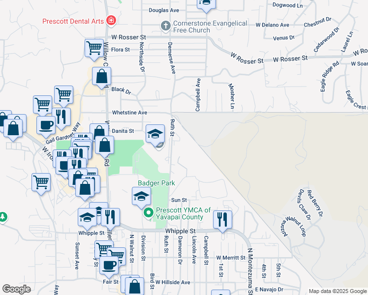 map of restaurants, bars, coffee shops, grocery stores, and more near 1030 Scott Drive in Prescott