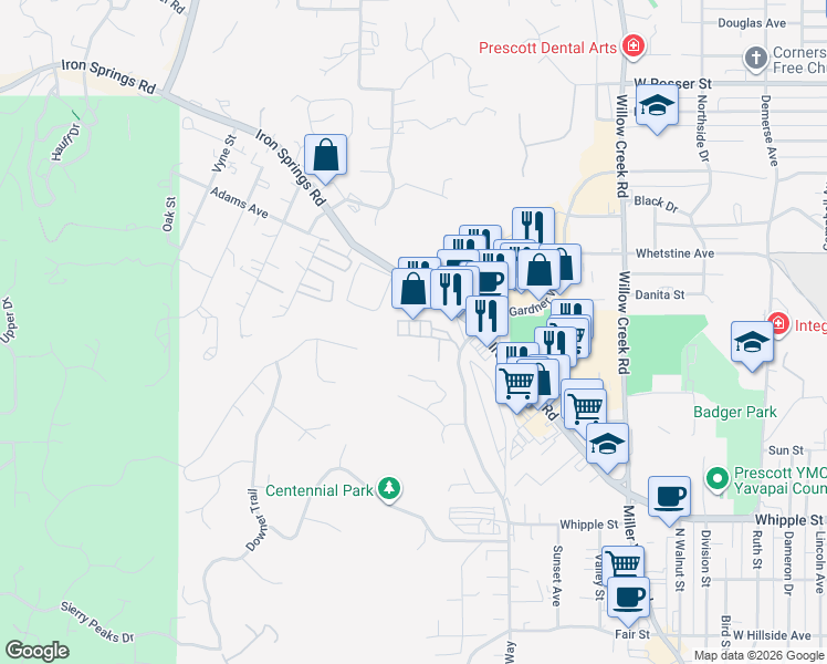 map of restaurants, bars, coffee shops, grocery stores, and more near 1131 Hughes Street in Prescott