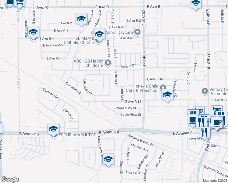 map of restaurants, bars, coffee shops, grocery stores, and more near 37439 17th Street East in Palmdale