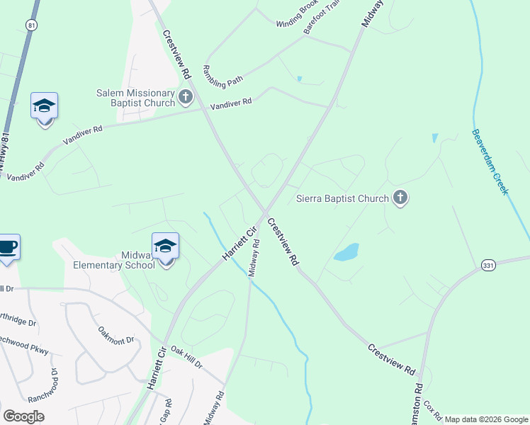 map of restaurants, bars, coffee shops, grocery stores, and more near 3301 Midway Road in Anderson