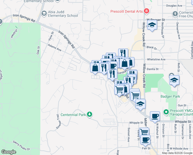 map of restaurants, bars, coffee shops, grocery stores, and more near 1108 Virgil Street in Prescott