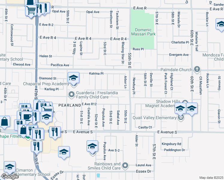 map of restaurants, bars, coffee shops, grocery stores, and more near 53rd Street East in Palmdale