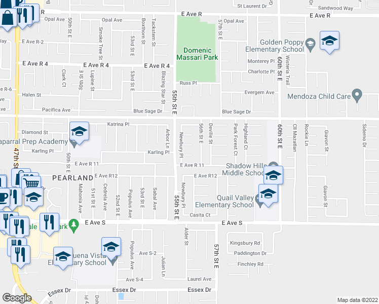 map of restaurants, bars, coffee shops, grocery stores, and more near 5537 Lighthouse Lane in Palmdale