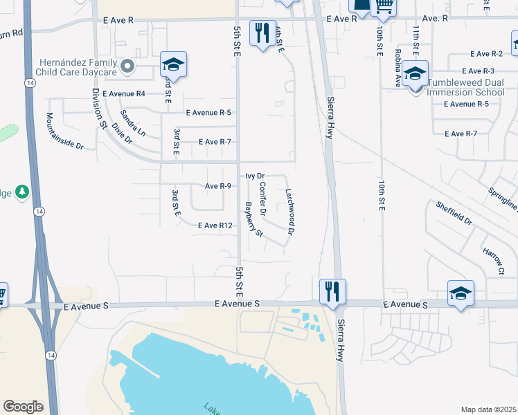 map of restaurants, bars, coffee shops, grocery stores, and more near 37423 Conifer Drive in Palmdale