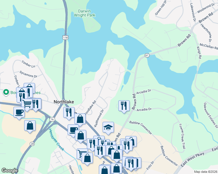 map of restaurants, bars, coffee shops, grocery stores, and more near 102 Penninger Drive in Anderson
