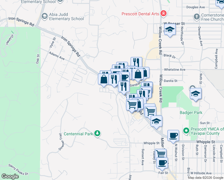 map of restaurants, bars, coffee shops, grocery stores, and more near 1108 Virgil Street in Prescott