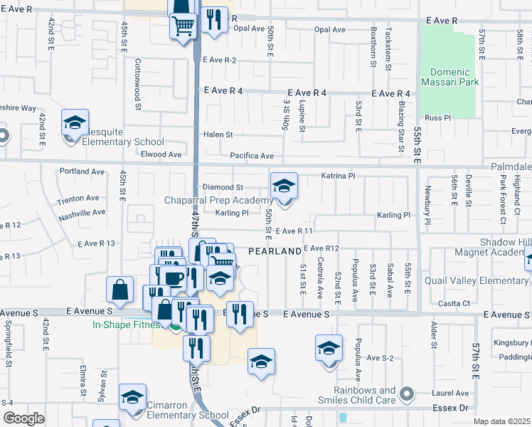 map of restaurants, bars, coffee shops, grocery stores, and more near 37504 Patricia Lane in Palmdale