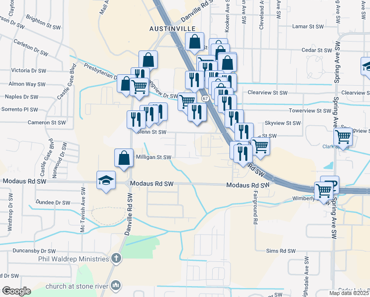 map of restaurants, bars, coffee shops, grocery stores, and more near 1609 Ororke Lane Southwest in Decatur