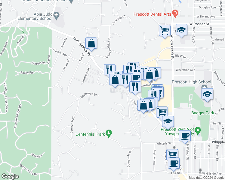 map of restaurants, bars, coffee shops, grocery stores, and more near 1147 Mary Drive in Prescott