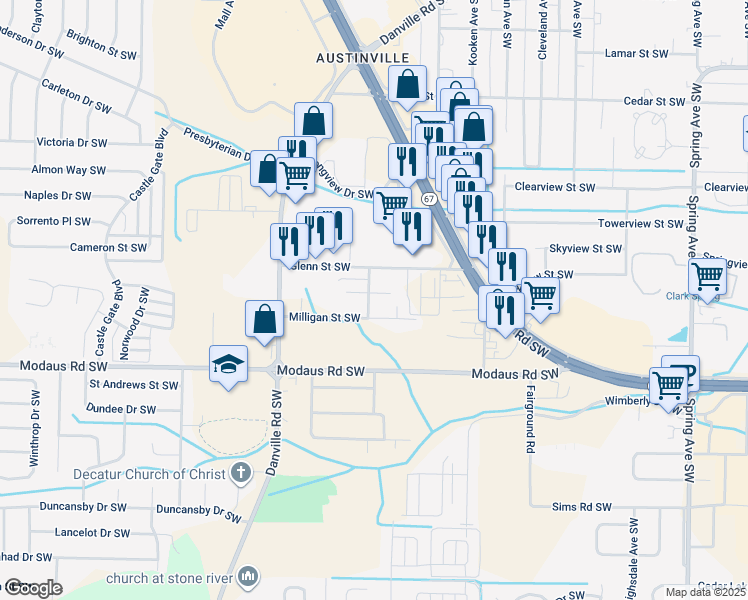 map of restaurants, bars, coffee shops, grocery stores, and more near 1609 Ororke Lane Southwest in Decatur