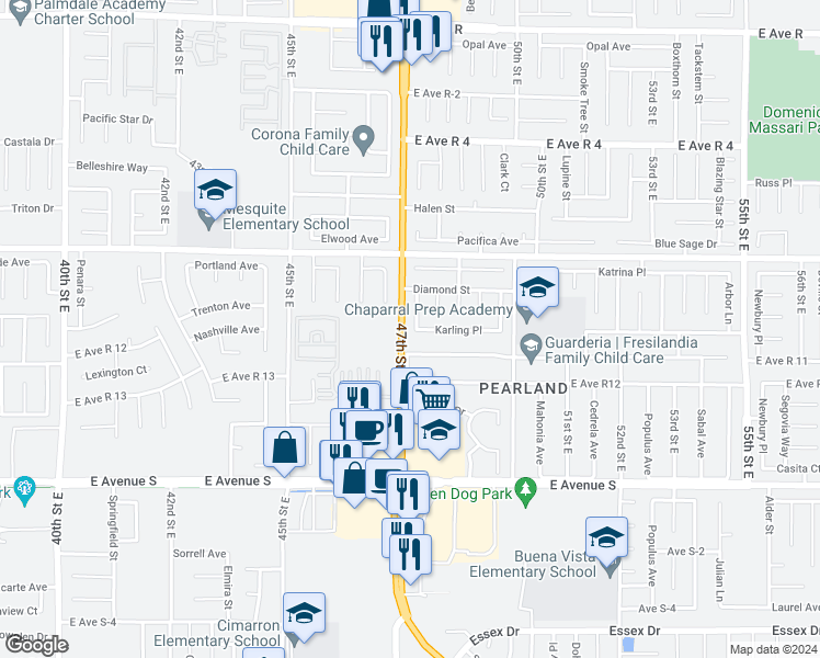 map of restaurants, bars, coffee shops, grocery stores, and more near 37503 Sharon Lane in Palmdale