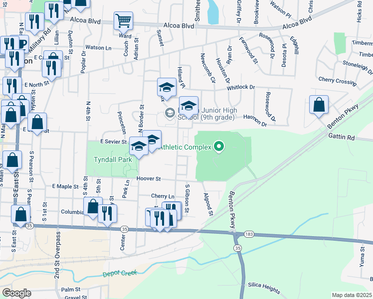 map of restaurants, bars, coffee shops, grocery stores, and more near 111 Village Drive in Benton