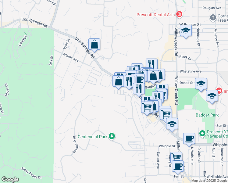 map of restaurants, bars, coffee shops, grocery stores, and more near 1146 Mary Drive in Prescott