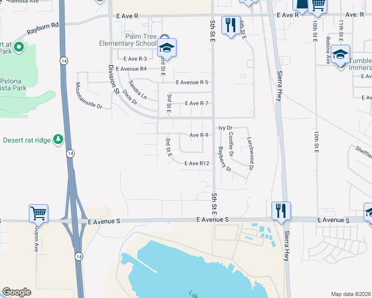 map of restaurants, bars, coffee shops, grocery stores, and more near 321 East Avenue R 11 in Palmdale