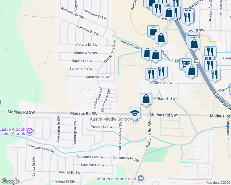 map of restaurants, bars, coffee shops, grocery stores, and more near 2606 Edlingham Castle Drive in Decatur