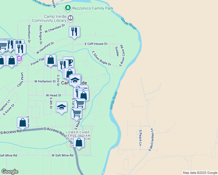 map of restaurants, bars, coffee shops, grocery stores, and more near 427 South Yaqui Circle in Camp Verde