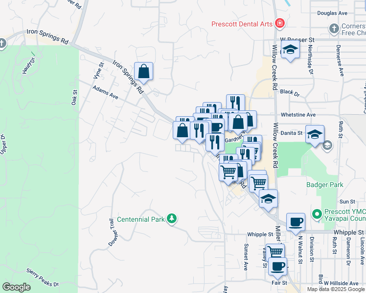 map of restaurants, bars, coffee shops, grocery stores, and more near 1139 Hughes Street in Prescott