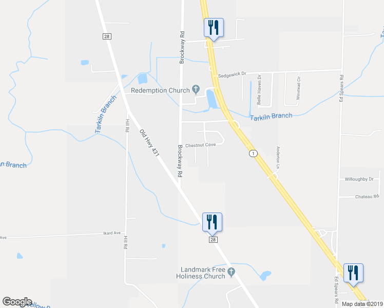map of restaurants, bars, coffee shops, grocery stores, and more near 104 Hunter Way in Owens Cross Roads