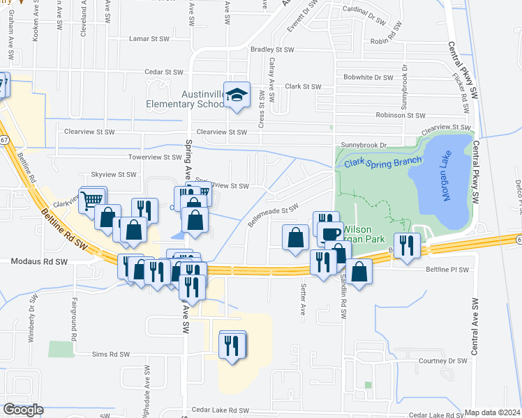 map of restaurants, bars, coffee shops, grocery stores, and more near 516 Bellemeade Street Southwest in Decatur