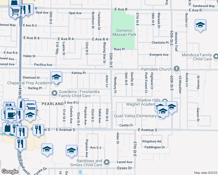map of restaurants, bars, coffee shops, grocery stores, and more near 37458 Arbor Lane in Palmdale