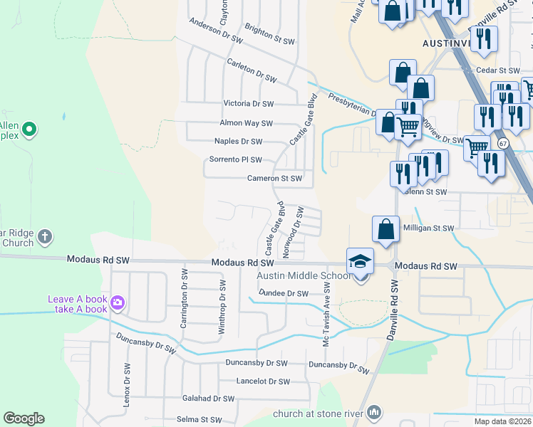 map of restaurants, bars, coffee shops, grocery stores, and more near 2417 Aldingham Drive Southwest in Decatur