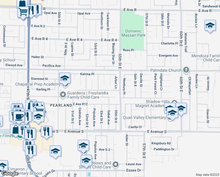 map of restaurants, bars, coffee shops, grocery stores, and more near 5353 Karling Place in Palmdale