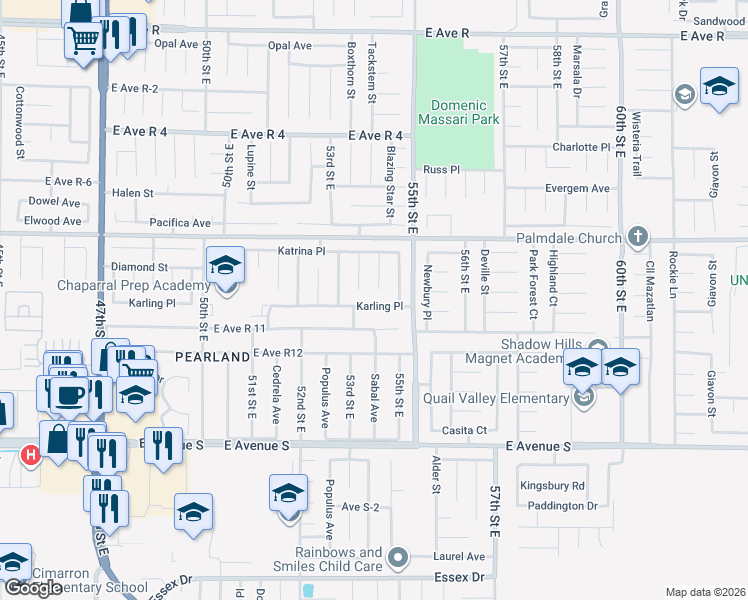 map of restaurants, bars, coffee shops, grocery stores, and more near 5347 Karling Place in Palmdale