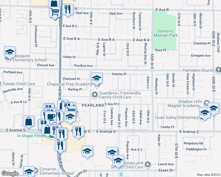 map of restaurants, bars, coffee shops, grocery stores, and more near 5123 Karling Place in Palmdale