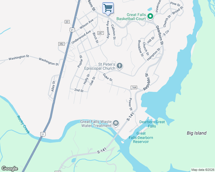 map of restaurants, bars, coffee shops, grocery stores, and more near 301 Duke Street in Great Falls