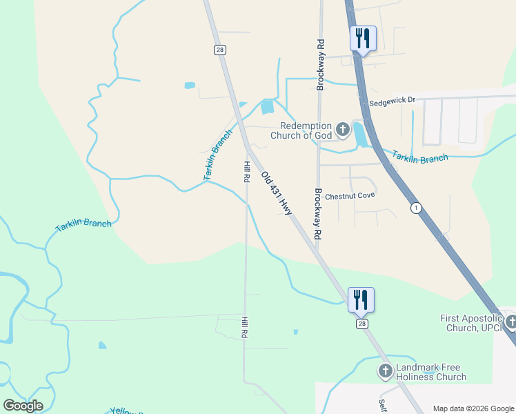 map of restaurants, bars, coffee shops, grocery stores, and more near 3780 Old Highway 431 in Owens Cross Roads