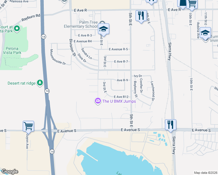 map of restaurants, bars, coffee shops, grocery stores, and more near 37407 Sumac Avenue in Palmdale