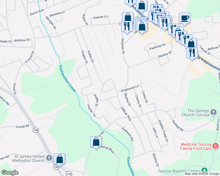 map of restaurants, bars, coffee shops, grocery stores, and more near 38 Furman Street in Toccoa