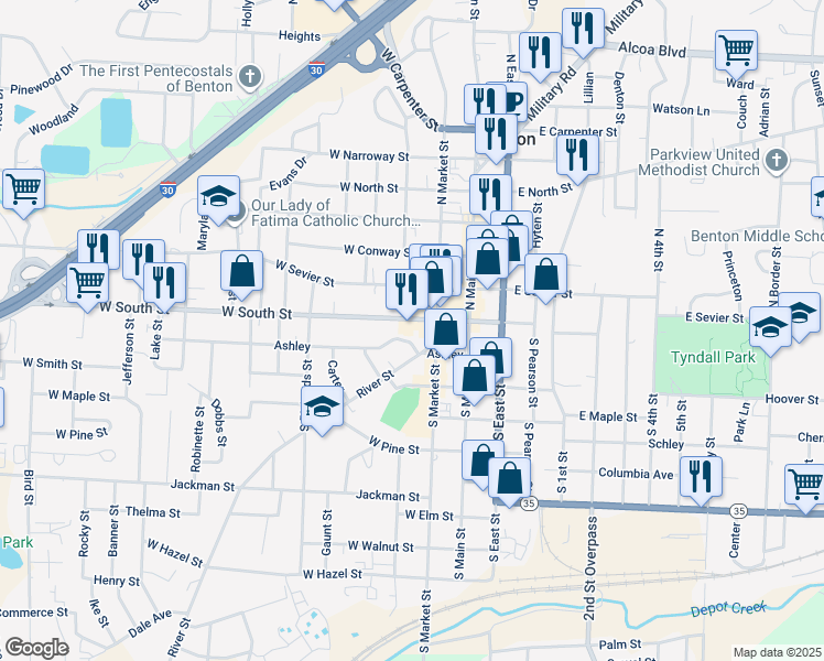 map of restaurants, bars, coffee shops, grocery stores, and more near 220 West South Street in Benton