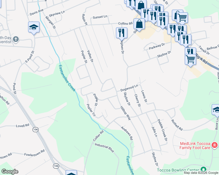 map of restaurants, bars, coffee shops, grocery stores, and more near 38 Furman Street in Toccoa